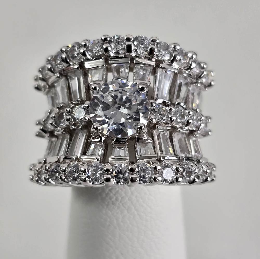 Sterling Silver 925 White Ring with Baguette and Brilliant-Cut Stones